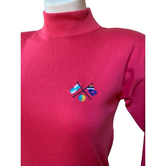 Vintage 80s Pink Turtleneck Shirt Embroidered Flags Petite Small - Picture 2 of 7